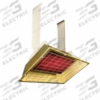 FOSTORIA Infrared Overhead Electric Heater: 4300 W Watt Output, 480V AC, 1/3 Phase, Hardwired, Gold (MPN P43-FSS-3). Key specifications — Wattage Output: 4300 W; Voltage: 480V AC; Brand: FOSTORIA; Electrical Connection: Hardwired; Element Type: Flat Panel Emitter; Housing Color: Gold; Housing Material: Aluminum; Overall Dimensions - L x W x D: 29 in x 20 in x 9-3/4 in.