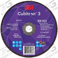 3M CUBITRON 3 Cut-Off and Grinding Wheel: Type 27, 7" x 1/8" x 7/8", Ceramic, 36 Grit (MPN 89163). Key specifications — Brand: 3M CUBITRON 3.