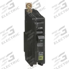 SQUARE D Miniature Circuit Breaker: 15 A, 120/240V AC, Single Phase, 22kA at 120/240V AC, 1 Poles (MPN QOB115VH). Key specifications — Phase: Single; Amps: 15 A; AC Voltage Rating: 120/240V AC; Max. AIR Rating: 22kA at 120/240V AC; For Use With: Square D NQOD Panelboards; Brand: SQUARE D.