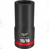 MILWAUKEE Deep Impact Socket: 3/4 in Drive Size, SAE, 15/16 in Socket Size, 6-Point, Deep, Friction (MPN 49-66-6338). Key specifications — attr1215501: MILWAUKEE; attr1215515: Black Phosphate; attr1215518: 15/16 in.