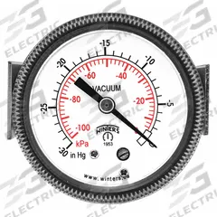 WINTERS Panel-Mount Vacuum Gauge: U-Clamp, 2 in Dial, 1/4 in NPT Male, Center Back, ±2-1-2% Accuracy (MPN P9U901428UC). Key specifications — Accuracy: ±2-1-2%; Brand: WINTERS; Vibration Resistance Properties: Dry Case Vibration-Dampened; Gauge Wetted Parts: Brass / Bronze.