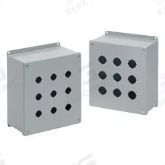 HOFFMAN Push Button Enclosure: 30mm, 4 Holes, Carbon Steel, NEMA 12 (MPN E4PBX). Key specifications — attr211299: HOFFMAN; attr1043605: Indoor Dust & Water Droplets.