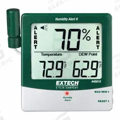 EXTECH Digital Hygrometer: 10%to 99% Humidity Range, Humidity, Cabled Sensor (MPN 445815-NIST). Key specifications — Primary Scale: Humidity; Secondary Scale: Dew Point/Temperature; Display Type: Digital; Brand: EXTECH.
