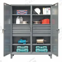 STRONG HOLD Storage Cabinet: 60 in x 24 in x 78 in, 6 (6) Adj Shelves, 6 Drawers, 2 Doors, Legs (MPN 56-DS-246-6DB). Key specifications — Brand: STRONG HOLD; Base Type: Legs; Cabinet Color: Dark Gray; Frame Assembled: Assembled.