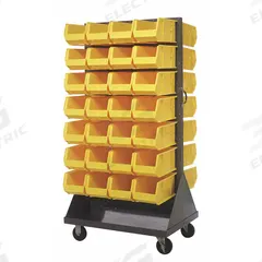 QUANTUM STORAGE SYSTEMS Mobile Louvered Floor Rack: 36 in x 24 in x 72 in, 56 Bins Included, Yellow (MPN QMD-36H-240YL). Key specifications — Bin Width: 8-1/4 in; Color: Gray; Caster Wheel/Configuration: (2) Rigid; Caster Wheel/Tread Material: Hard Rubber; Bin Color: Yellow; Bin Depth: 14-3/4 in; Bin Height: 7 in; Brand: QUANTUM STORAGE SYSTEMS.