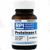 RPI Proteinase K: 500 mg Volume, BSE/TSE Free, Powder, Glass (MPN P50220-0.5). Key specifications — Form: Powder; Special Information: BSE/TSE Free; Brand: RPI; Chemical Grade: Lab; Container Material: Glass.