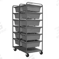 DURHAM MFG Tub Cart: 1,200 lb, 12 Bins/Tubs, Gray, 26 in L x 37 in W x 74 in H, Gray, 2 Usable Sides (MPN TBR-303672-12-5PO-95). Key specifications — Color: Gray; Includes: Support Rails; Caster/Wheel Configuration: (2) Rigid; Bin Color: Gray; Brand: DURHAM MFG.