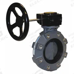 HAYWARD Butterfly Valve: 2 1/2 in Pipe Size, Concentric, 150 psi Max. Pressure (CWP), Lug, FKM, FKM (MPN BYV44025A0VGI00). Key specifications — Brand: HAYWARD; Handle Type: Gear Operated Handwheel; Disc Material: Glass-Filled Polypropylene.