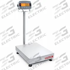 OHAUS Industrial Bench Scale: 16 1/2 in x 27 in, Not IP Rated, Column-Mounted, Stainless Steel (MPN D33P75B1L2). Key specifications — Connection Ports: RS-232; Readability: 0.02 lb/10 g; Brand: OHAUS; Weighing Surface Material: Stainless Steel.