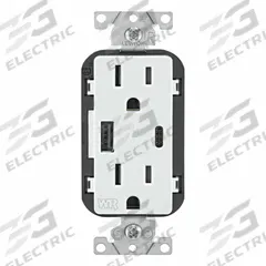 USB Receptacle: Decorator Duplex, 5-15R, USB Type A/C, White, 125V AC, 15 A (MPN W5633-W). Key specifications — Brand: LEVITON.