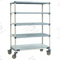 METRO Plastic Shelving: 62 in x 26 in, 79 in Overall Ht, 5 Shelves, NSF Approved (MPN 5Q567EG3). Key specifications — attr36820: Antimicrobial; Corrosion-Resistant; attr36821: Standalone; attr33729: METRO; attr36813: Yes; attr36815: 5; attr36810: (2) Swivel Casters; attr36812: Steel.