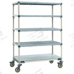 METRO Plastic Shelving: 62 in x 26 in, 79 in Overall Ht, 5 Shelves, NSF Approved (MPN 5Q567EG3). Key specifications — attr36820: Antimicrobial; Corrosion-Resistant; attr36821: Standalone; attr33729: METRO; attr36813: Yes; attr36815: 5; attr36810: (2) Swivel Casters; attr36812: Steel.