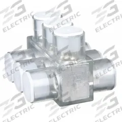 BURNDY Multitap Connector: 3 Port, Double-Sided Entry, 10 AWG – 250 kcmil Wire Size, Clear (MPN BIBD2503). Key specifications — Body Material: Aluminum; Brand: BURNDY.