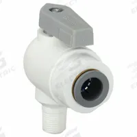 PARKER Manual Two-Way Ball Valve: 1/8 in, Polypropylene, Angle, Push x MNPT, One-Piece, Lever (MPN LFPP6VME2). Key specifications — Brand: PARKER; Handle: Lever.