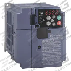 FUJI ELECTRIC Variable Frequency Drive: In Phase Single, Out Phase Three, 2 hp, No Bypass, Heat Sink (MPN FRN0008E2S-7GB). Key specifications — Style: Heat Sink; Color: Black/Blue/Gray; Output Phase: Three.