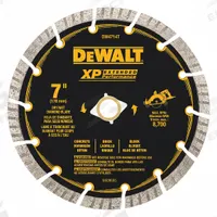 DEWALT Diamond Saw Blade: Masonry, 7 in Blade Dia., 5/8 in Arbor Size, Wet/Dry, Best (MPN DW4714T). Key specifications — attr1097734: Wet/Dry; attr1097738: Masonry Saw; attr1097751: DEWALT.