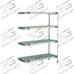 METRO Plastic Industrial Shelving: 18 in x 48 in, 62 in Overall Ht, 4 Shelves, Antimicrobial (MPN AX356GX3). Key specifications — Resistance Properties: Antimicrobial; Frame Material: 304 Stainless Steel; Shelving Material: Polymer; Brand: METRO.