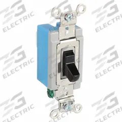 HUBBELL Wall Switch: Toggle Switch, Single Pole, Maintained, Black, 120/277V AC, 15 A (MPN HBL1201BK). Key specifications — Illuminated: No; Voltage Rating: 120/277V AC.