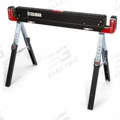 STEELMAN Adjustable Folding Sawhorse: Adj Ht, Steel, 42 in Overall Wd (MPN 67104-G). Key specifications — Height Adjustability: Adjustable Height; Height Adjustment Mechanism: Push Button; Brand: STEELMAN; Portability: Fold-Up Body; Top Material: Steel; Included Components: Handle; Clamping System: None; Includes: Material Arm.