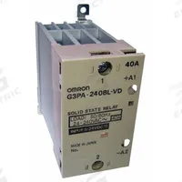 OMRON Solid State Relay: DIN-Rail & Surface Mounted, 40 A Max Output Current, Phototriac, AC Output (MPN G3PA-240B-VD-DC5-24). Key specifications — Brand: OMRON; Current Type: DC; Electrical Connection: Screw Clamp; Finger Safe: Yes; Input Current: 40 A; Maximum Output Current without Heat Sink: Dependent on Mounting; Mounting Style: DIN Rail & Screw; Output Voltage: 24 to 240V AC.
