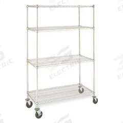 INSTOCK Metal Shelving: 36 in x 24 in x 79 in, Dry/Harsh/Wet, Split Sleeve, 4 Shelves, Silver (MPN GRMSS2436). Key specifications — Color: Silver; Recommended Environment: Wet; Post Shape: Round; Number Of Shelves: 4; Caster Wheel/Configuration: (2) Swivel; Material: Stainless Steel; Brand: INSTOCK.