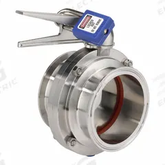 VNE Butterfly Valve: 3 in Pipe Size, Clamp, 145 psi Max. Pressure (CWP), 304 Stainless Steel, FKM (MPN 625-10825). Key specifications — Average Surface Roughness (Ra): 20RA ID/32RA OD; Brand: VNE; Stop Positions: 12; Handle Type: Lever; Body Material: 304 SS; Disc Material: 304 SS.