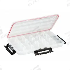 PLANO MOLDING Compartment Box: 14 in x 9 in x 1 7/8 in, Clear, 23 Compartments, 19 Adj Dividers (MPN 374010). Key specifications — ESD Conductive: Not Electrostatic Discharge Conductive; Color: Clear; Brand: PLANO MOLDING; Material: Plastic.