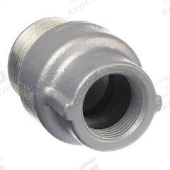 Sealing Hubs - Vertical: Iron, 1 in_1 1/2 in Trade Size, Male to Female, 3 1/8 in Overall Lg (MPN ES150100). Key specifications — Brand: APPLETON ELECTRIC; Connection Type: Threaded; Thread Size: 1-1/2 in; Thread Gender: Male to Female; Ends - Hazardous Fittings: 1 in FNPT x 1-1/2 in MNPT; Material: Iron; Hazardous Location Rating: Class I, Division 1 and 2, Groups A, B, C, D; Thread Type: NPT.