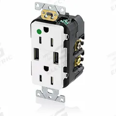 USB Receptacle: Duplex, 5-15R, 2 USB Ports, USB Type A, White, 125V AC, 15 A (MPN T5632-HGW). Key specifications — Brand: LEVITON.