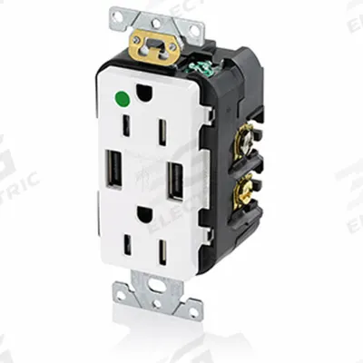LEVITON Receptacle: Duplex, 5-15R, 2 USB Ports, USB Type A, White, 125V AC - Hospital-Grade Receptacles with USB Chargers
