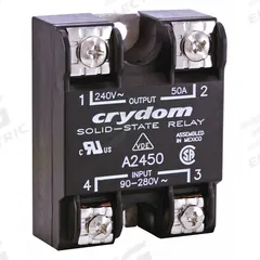 CRYDOM Solid State Relay: Surface Mounted, 50 A Max Output Current, SCR, AC Output (MPN A2450E). Key specifications — Brand: CRYDOM; Current Type: AC; Electrical Connection: Screw Clamp; Finger Safe: No; Input Current: 10 mA; Input Voltage: 18-36 VAC; Maximum Output Current without Heat Sink: 11 A; Mounting Style: Panel.