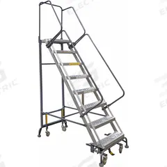 BALLYMORE Rolling Ladder: 6.7 ft Platform Ht, Unassembled, Aluminum, Foot-Activated Step Lock (MPN HY-LA-083214P). Key specifications — Folding: Not Foldable; Color: Gray; Brand: BALLYMORE; Handrail Configuration: Double Handrails.