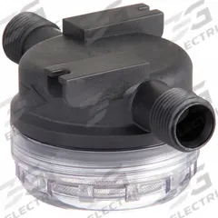 FLOJET Inline Strainer: Polypropylene, 1/2 in, NPT, Mesh, 0.0165 in Screen Size, 2 1/4 in Ht, Clear (MPN 01740004G). Key specifications — Screen Material: Stainless Steel; Bowl Color: Clear; Material: Polypropylene; Brand: FLOJET; Seal Material: Buna-N; Color: Black.