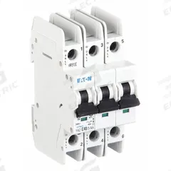 EATON IEC Miniature Circuit Breaker: 40 A Amps, 48/96V DC, 10kA at 277/480V AC, Screw Clamp, C (MPN FAZ-C40/3-NA). Key specifications — DC Voltage Rating: 48/96V DC; Max. AIR Rating: 10kA at 277/480V AC; Terminal Connection: Screw Clamp; Brand: EATON.