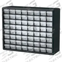 AKRO-MILS Drawer Bin Cabinet: 20 in x 6 1/2 in x 15 3/4 in, 64 Drawers, Stackable, Polystyrene (MPN 10164). Key specifications — attr66719: Polystyrene; attr66728: Yes; attr66722: Clear; attr66720: Drawer; attr66726: (64) 2-1/8 in x 6 in x 1-1/2 in; attr66716: Black; attr66753: Plastic; attr66710: AKRO-MILS.