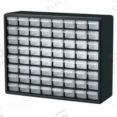AKRO-MILS Drawer Bin Cabinet: 20 in x 6 1/2 in x 15 3/4 in, 64 Drawers, Stackable, Polystyrene (MPN 10164). Key specifications — attr66719: Polystyrene; attr66728: Yes; attr66722: Clear; attr66720: Drawer; attr66726: (64) 2-1/8 in x 6 in x 1-1/2 in; attr66716: Black; attr66753: Plastic; attr66710: AKRO-MILS.