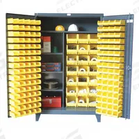 STRONG HOLD Bin Cabinet: 48 in x 24 in 78 in, 4 Shelves, 165 Bins, Yellow, Flush, 12 ga Panel, Gray (MPN 46-BSCW-241-3WLR). Key specifications — Bin Color: Yellow; Bin HxWxD: (21) 7 in x 8-1/4 in x 14-3/4 in; Assembled: Assembled; Cabinet Style: Shelf and Bin; Brand: STRONG HOLD; Cabinet Color: Gray; Cabinet Finish: Baked Enamel; Cabinet Material: Steel.