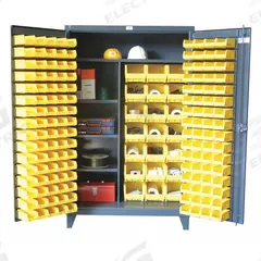 STRONG HOLD Bin Cabinet: 48 in x 24 in 78 in, 4 Shelves, 165 Bins, Yellow, Flush, 12 ga Panel, Gray (MPN 46-BSCW-241-3WLR). Key specifications — Bin Color: Yellow; Bin HxWxD: (21) 7 in x 8-1/4 in x 14-3/4 in; Assembled: Assembled; Cabinet Style: Shelf and Bin; Brand: STRONG HOLD; Cabinet Color: Gray; Cabinet Finish: Baked Enamel; Cabinet Material: Steel.
