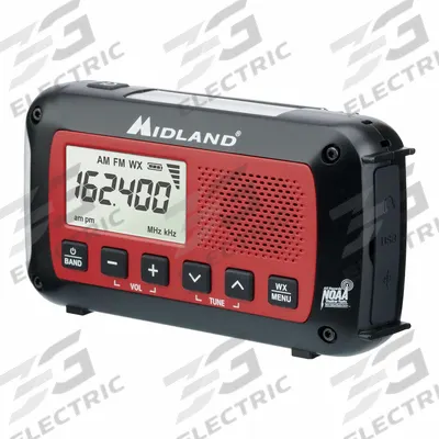 MIDLAND RADIO Weather Radio: AM/FM/NOAA, Black/Red, Display Included - Weather Radios