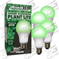 LED Grow Bulb: LED, A19, 120V, Green, 60 W Incandescent Watt Equivalency (MPN 601823). Key specifications — attr1259935: MIRACLE LED; attr1259941: A19; attr1259954: Green.