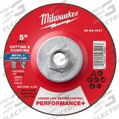 MILWAUKEE Cut-Off & Grinding Wheel: Type 27, 5" x 1/8" x 5/8"-11, Zirconia Alumina - High-Performance Combination Wheels for Carbon & Stainless Steel