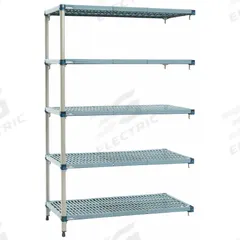 METRO Shelf Plastic Industrial Shelving (5): 18 in x 48 in, 74 in Overall Ht, 5 Shelves (MPN 5AQ357G3). Key specifications — Resistance Properties: Antimicrobial; Shelf Adjustment Type: Quick-Adjust; Frame Material: Steel; Shelving Material: Polymer; Brand: METRO.