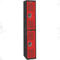 HALLOWELL Wardrobe Locker: 12 in x 18 in x 72 in, Ventilated, 2 Tiers, 1 Units Wide, Padlock Hasp (MPN AWA282-2MR). Key specifications — Brand: HALLOWELL; Locker Color: Red/Black; Door Type: Ventilated; Locker Material: Steel; Assembled: Assembled; Number Plate Included: Yes.