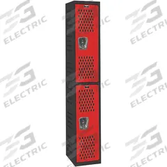 HALLOWELL Wardrobe Locker: 12 in x 18 in x 72 in, Ventilated, 2 Tiers, 1 Units Wide, Padlock Hasp (MPN AWA282-2MR). Key specifications — Brand: HALLOWELL; Locker Color: Red/Black; Door Type: Ventilated; Locker Material: Steel; Assembled: Assembled; Number Plate Included: Yes.