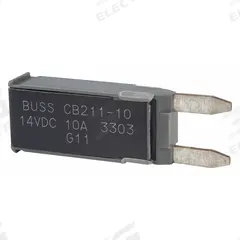 Automotive Circuit Breaker: CB211, 14V DC, 150 A at 14V DC, Blade (MPN CB211-10). Key specifications — Series: CB211; Voltage: 14V DC; Interrupt Rating: 150 A at 14V DC; Terminal Connection: Blade; Circuit Breaker Type: Type I Footprint Circuit Breaker; Brand: BUSSMANN.