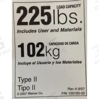 WERNER Duty Rating Label Replacement, 225 lb.: For 41D329/41D330/41D331/41D332/4GNL1 (MPN LDR225). Key specifications — For Use With Grainger Item Number: 4GNL1; For Use With Mfr. Model Number: D1216-2; Fits Brand: Werner; Product Type: Duty Rating Label Replacement, 225 lb.; Brand: WERNER.