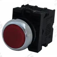 EATON Illuminated Push Button: Illuminated, Flush Profile, Metallic, 22 mm, 1NO/1NC (MPN M22M-DL-R-K11-R). Key specifications — Brand: EATON; Action: Momentary; Series: M22; Push Button Material Type: Metallic.