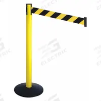 RETRACTA-BELT Barrier Post with Belt: Black/Yellow, Diagonal Stripe, No Legend, 10 ft Belt Lg (MPN 331YA-BYD). Key specifications — Base Material: Cast Iron; Belt Color: Black/Yellow; Brand: RETRACTA-BELT; Post Material: Aluminum; Post Color: Yellow; Message: No Legend.