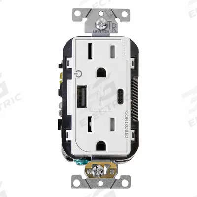 LEVITON Receptacle: Duplex, 5-15R, 1 USB Ports, USB Type A/C, White, 125V AC - Weather-Resistant Receptacles with USB Chargers