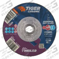 WEILER Abrasive Cutoff Wheel: Type 27, 4 1/2" x 0.045" x 5/8"-11, Ceramic, 60 Grit, Tiger Ceramic (MPN 58306). Key specifications — Series: Tiger Ceramic; Brand: WEILER.